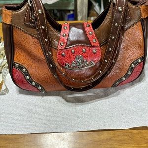 MC MARC CHANTAL TOOLED EMBOSSED LEATHER MULTICOLORED SHOULDER BAG